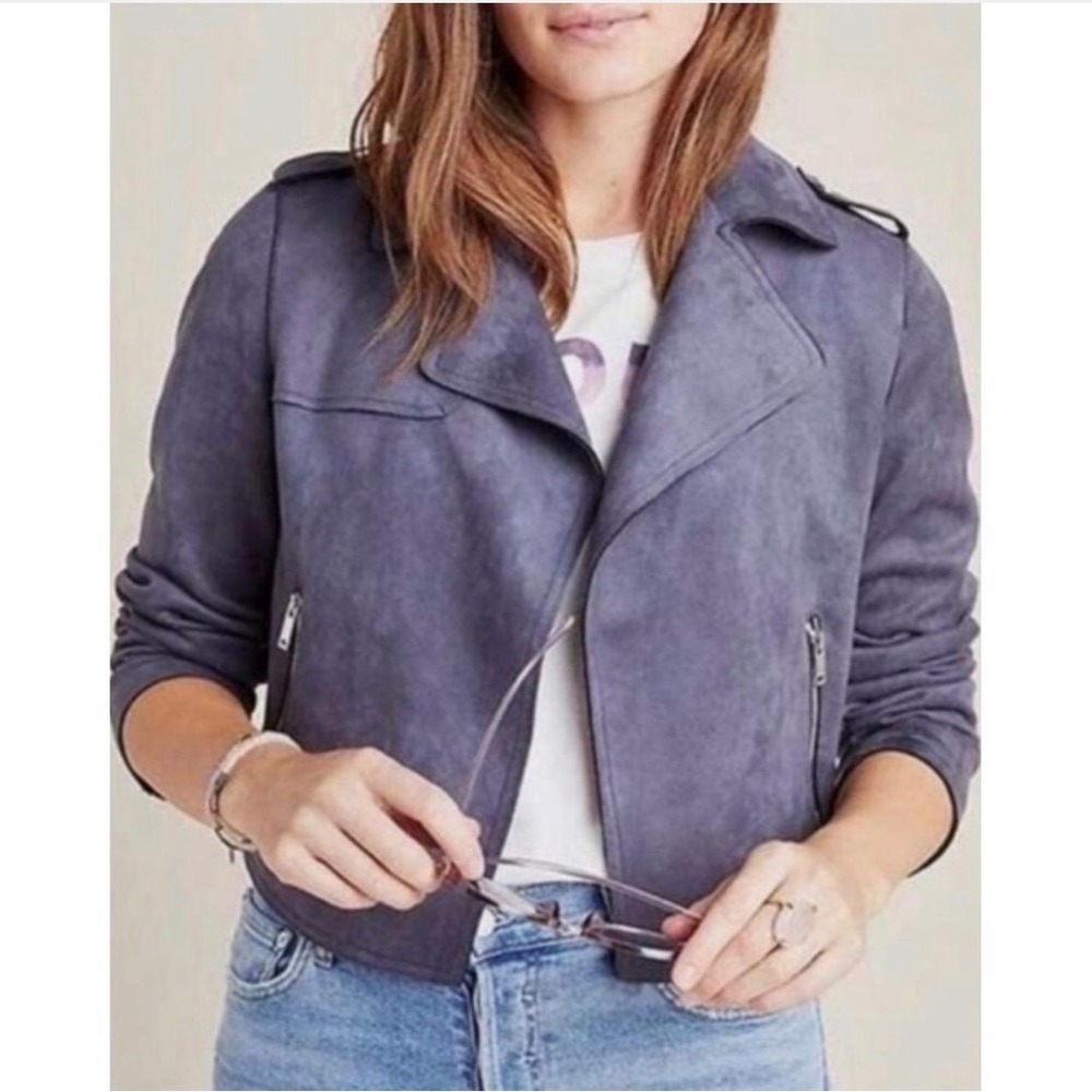 Anthropologie Moto Jacket XS Blue Grey Faux Suede Open Front Cropped Biker Coat